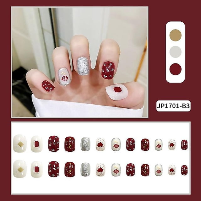 Press On Nails HUOGUO, color rojo vino, estilo francés, 24 unidades