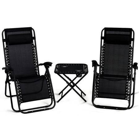 Gymax 3pc Zero Gravity Reclining Lounge Chairs Table Pillows Folding Portable Black