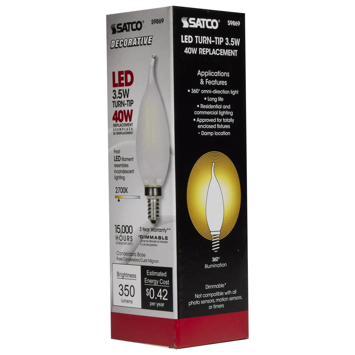 Satco S9869 CA11 Candle LED Light Bulbs 3.5W 120V 2700K E12 Candelabra Base Frosted Dimmable (6 Pack)