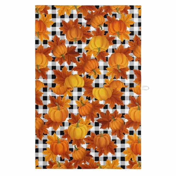 Orange Fall 1 Pack Kitchen Towel, Water Absorbent Dish Towel, Pumpkins Thanksgiving Maple Leaf Plaid Decorative Hand Towels - Quick Drying Cloth for Cooking Baking, 18x28 Inch