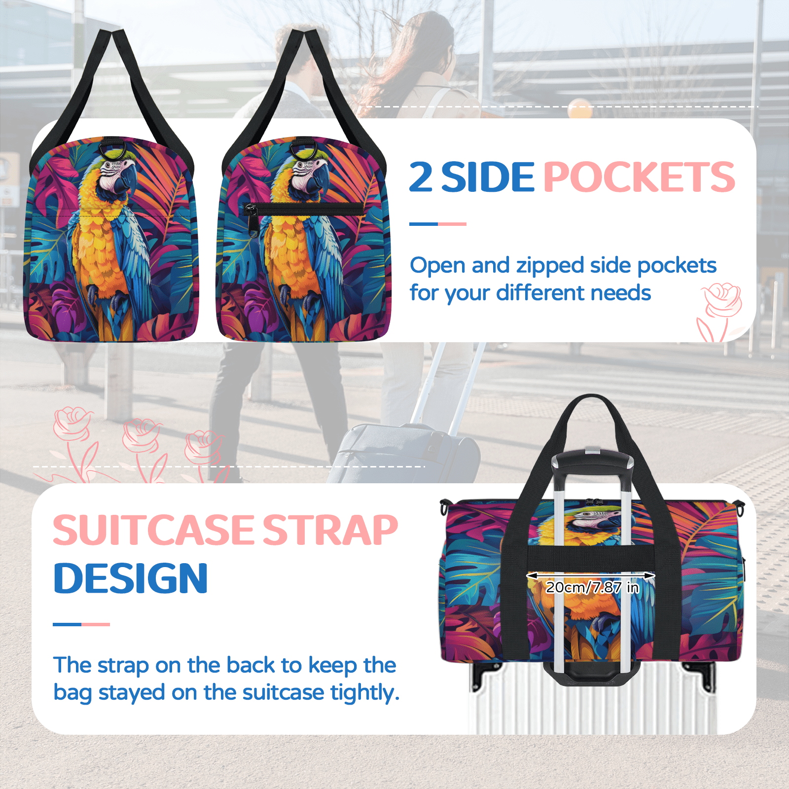 Herdesigns Parrot Travel Duffle Bag Sports Yoga Weekender Overnight Carry on Workout Bags Lightweight Waterproof Gym Tote Bag for Women Tropical Palm Leaves