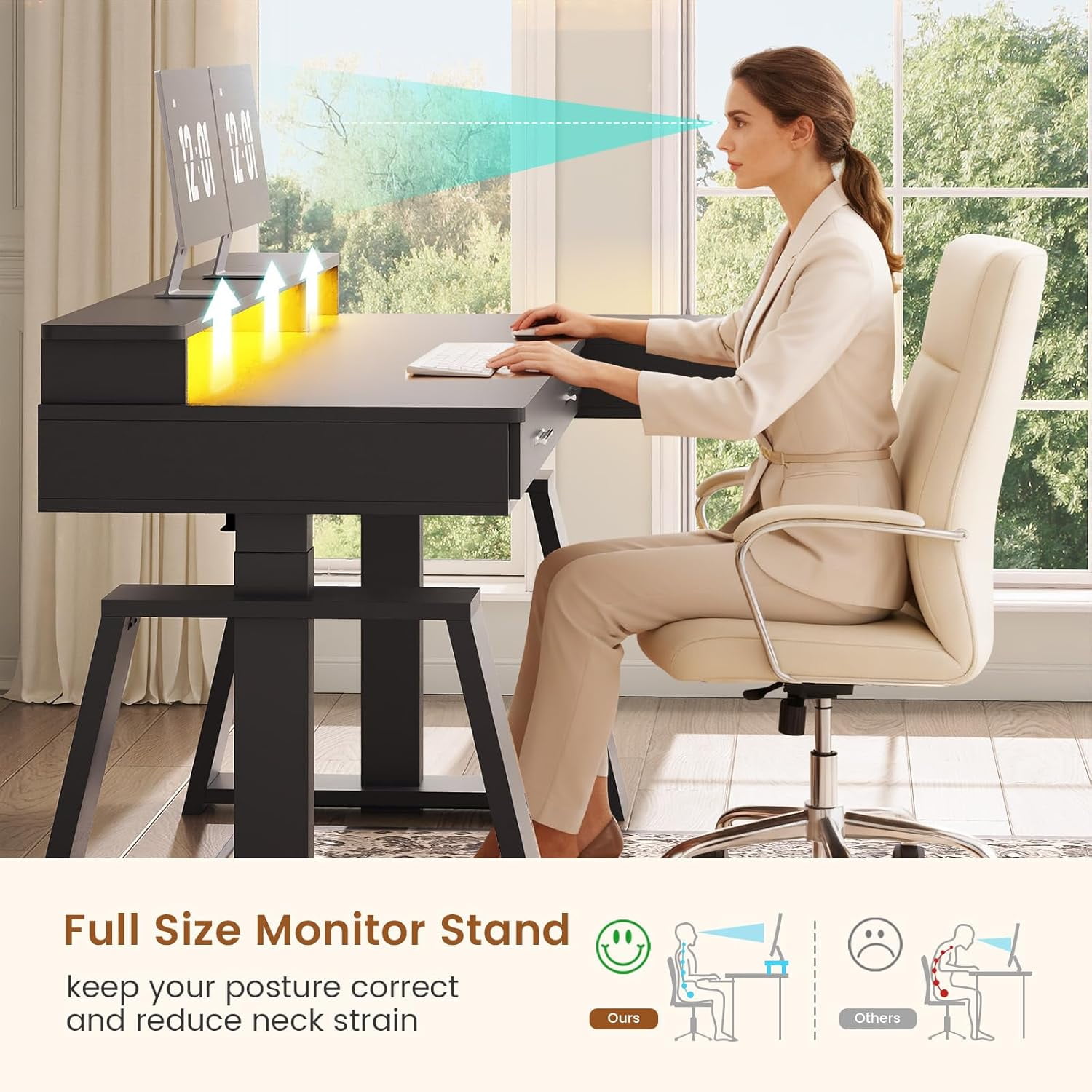 Modern Standing Desk with Drawers, Height Adjustable Computer Desk with Power Outlets, LED Lights & Monitor Stand, Stand Up Corner Gaming Desk, Home Office Desk with Storage, Black