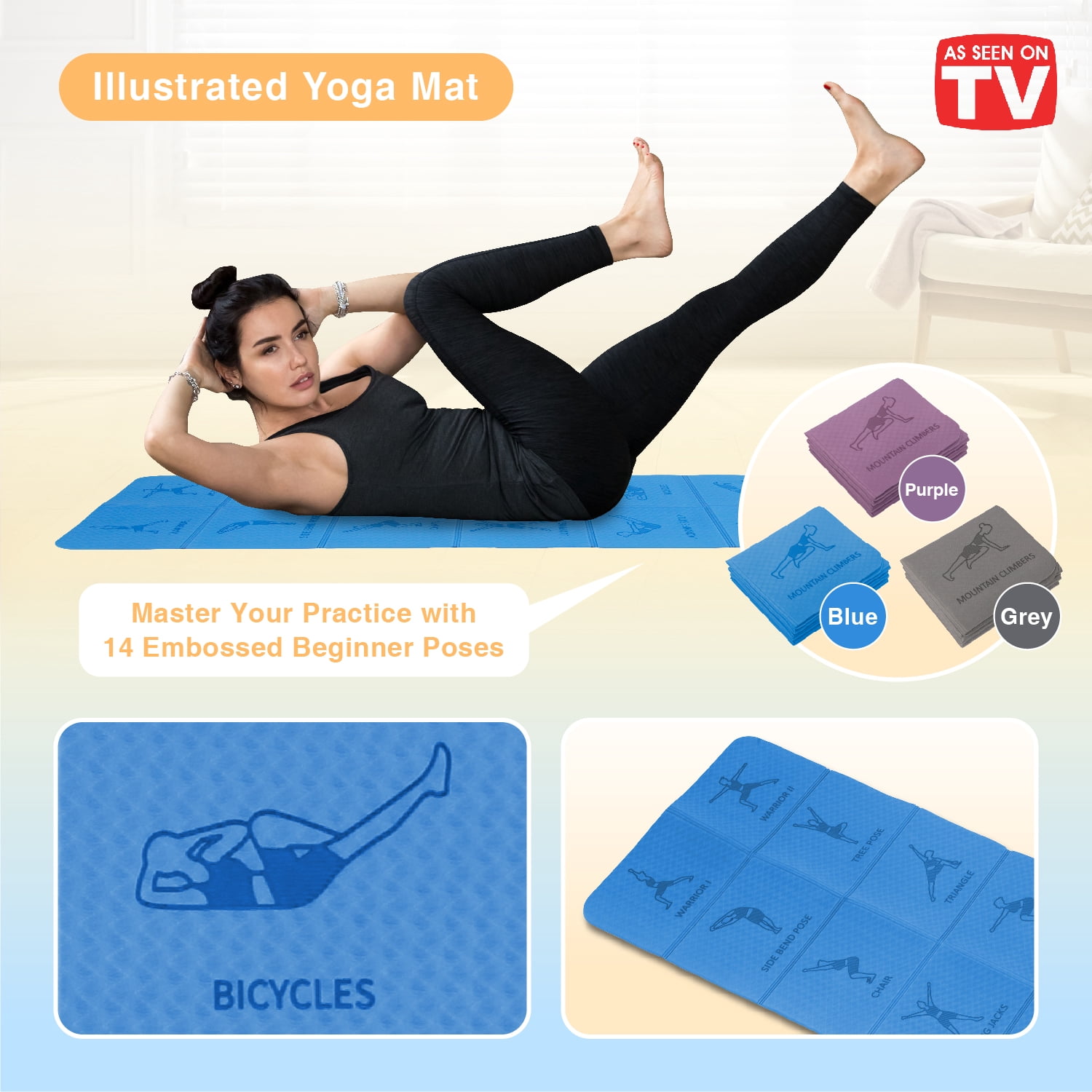 Foldable Yoga Mat - Illustrated 14 Embossed Poses, Square Folding Travel Firness & Exercise Mat as seen on TV, Perfect Storage, Pilates, Home Workout