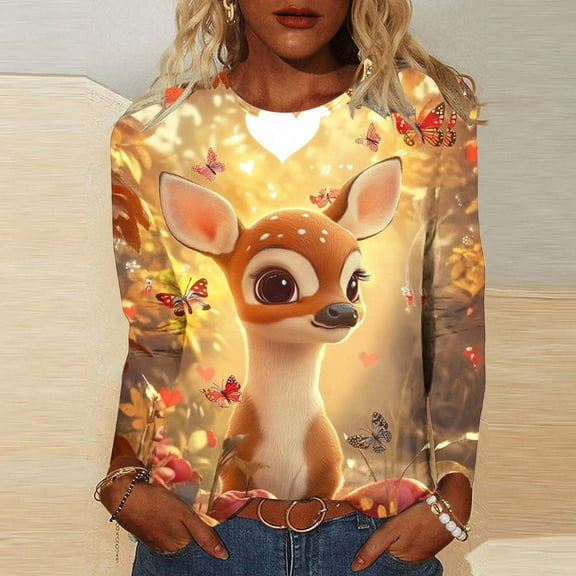 Uootdi Ladies' Casual Christmas Print Round Neck Three Quarter Sleeve 3/4 Sleeve T-shirt Loose Top Gift