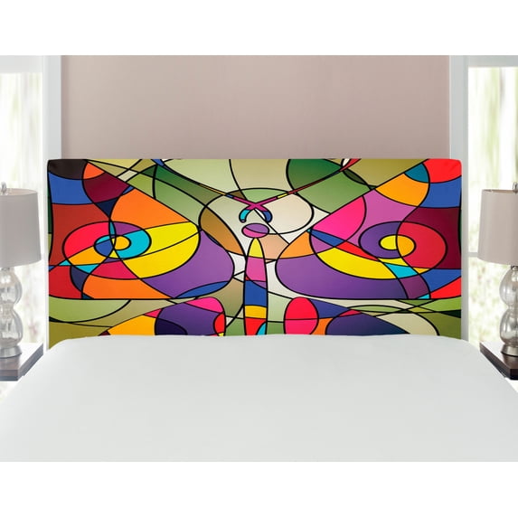 Butterflies Headboard, Butterfly Wings Consisting of Twisted Lines Modern Abstract Design, Upholstered Decorative Metal Bed Headboard with Memory Foam, Full Size, Multicolor, by Ambesonne