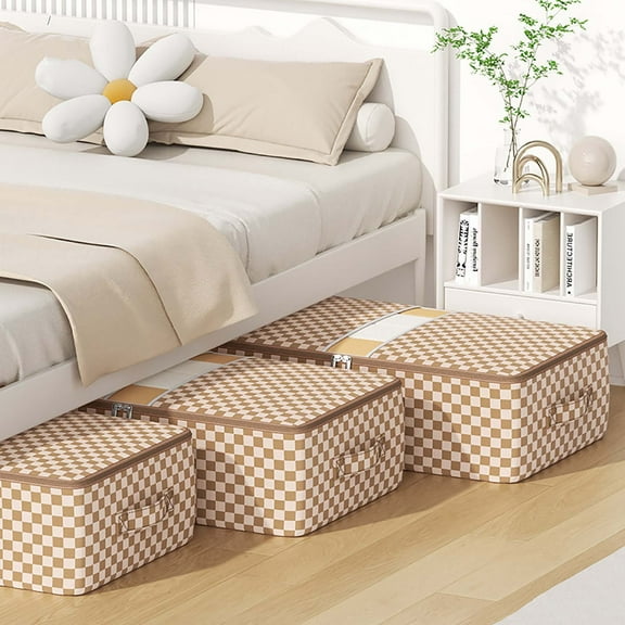 Large Capacity Waterproof Under-Bed Storage Bag with Clear Window, Checkerboard Pattern Clothes Quilt Organizer, Household Under-Bed Storage Bin for Bedding