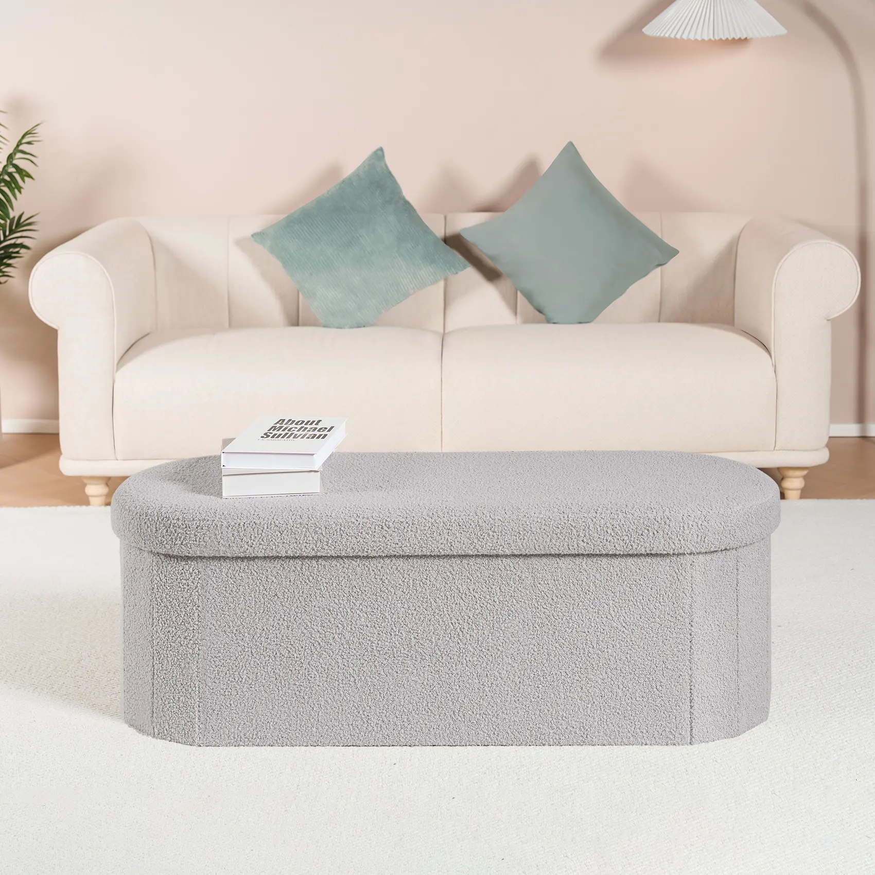 PINPLUS Storage Ottoman Bench Tufted Oval Ottoman Bench Foot Rest Velvet Bench with Storage 43" Grey
