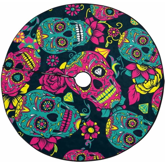 FMSHPON Colorful Skulls Xmas Christmas Tree Skirt Stand Mat for Holiday Party Decoration Indoor Outdoor 48 inches