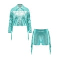 thumbnail image 3 of TTAO Girls 90s Theme Concert Rave Disco Hip Hop Dance Outfit Cowgirl Shiny Metallic Fringe Jacket with Shorts Set Light Green 16, 3 of 5
