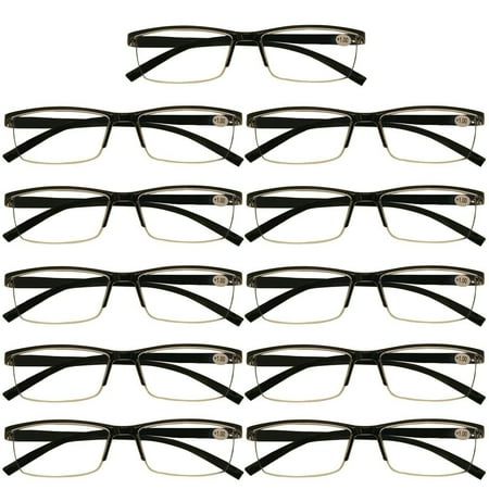 11 Packs Mens Rectangle Half Frame Reading Glasses Blue Light Blocking Black Spring Hinge Readers +1.25