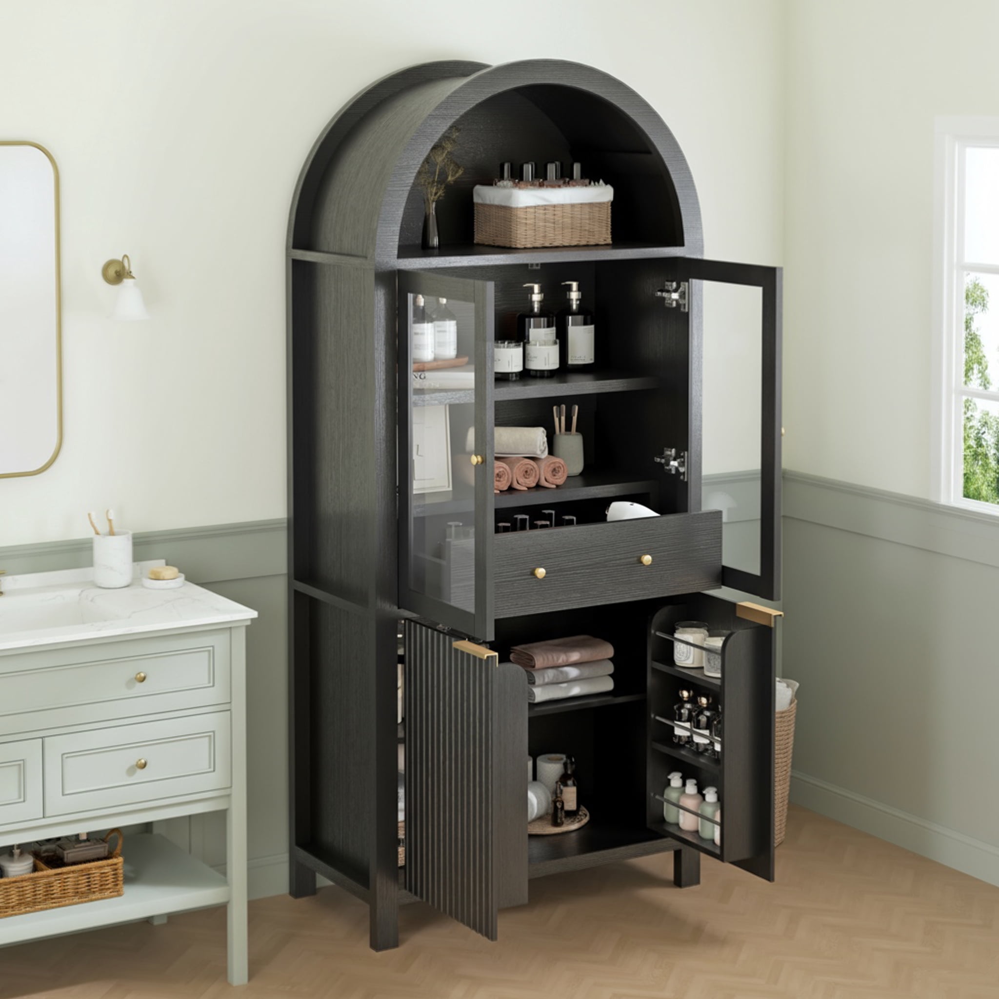 Mintazer 71" Fluted Tall Arched Kitchen Pantry Cabinet with Adjustable Shelves, Freestanding Storage Cabinet with Glass Doors & Drawer for Kitchen Living Room Dining Room, Black