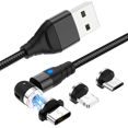 thumbnail image 1 of Cable magnético, 3 en 1 en forma de L Nylon trenzado USB Carga rápida y cable de sincronización de datos con luz LED Compatible con micro USB, teléfono inteligente tipo C y producto Xemadio XM053, 1 of 7