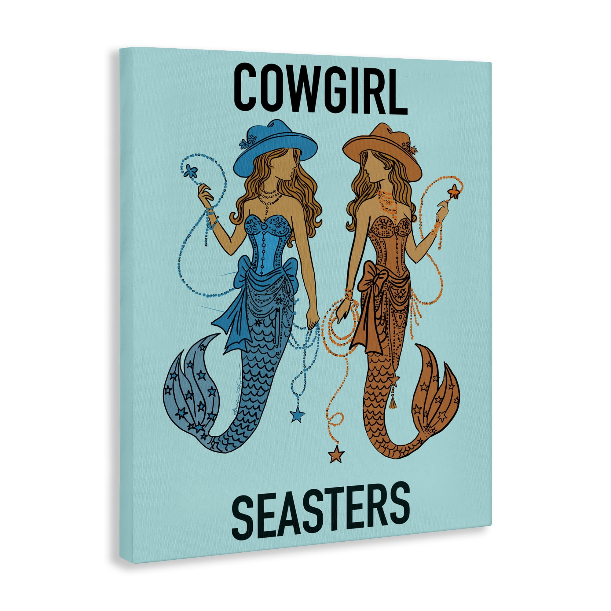 Cowgirl Seasters Mermaid Friendship Canvas Wall Art, design by Amelia Noyes