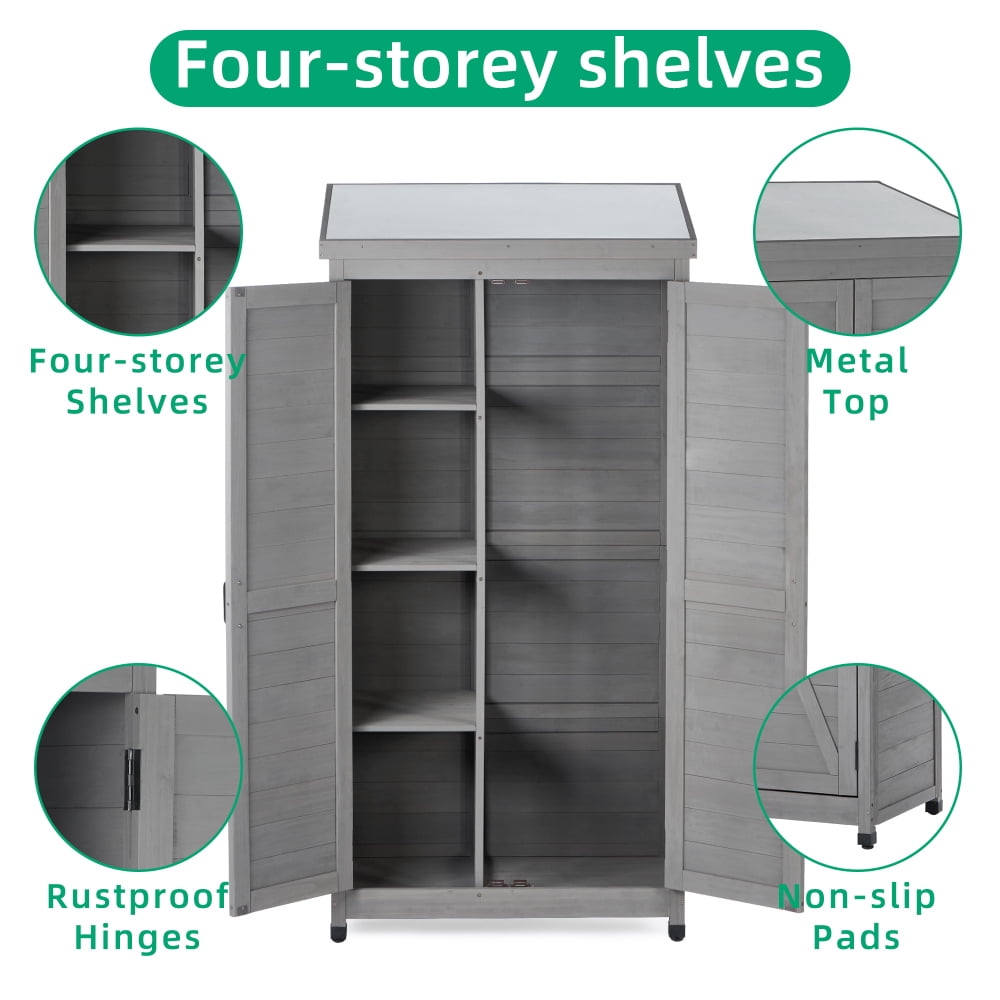 68" Cedar Wood Outdoor Storage Cabinet with Metal Top - Gray Garden Shed for Patio, Deck, Yard - Durable, Waterproof, Magnetic Closure
