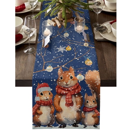 Boanket Christmas Table Runner - 120 Inch Long Kitchen Dining Table Runner Dresser Scarves Squirrels Family Snowflake Navy Blue Farmhouse Home Decor for Coffee Table Wedding Party Banquet
