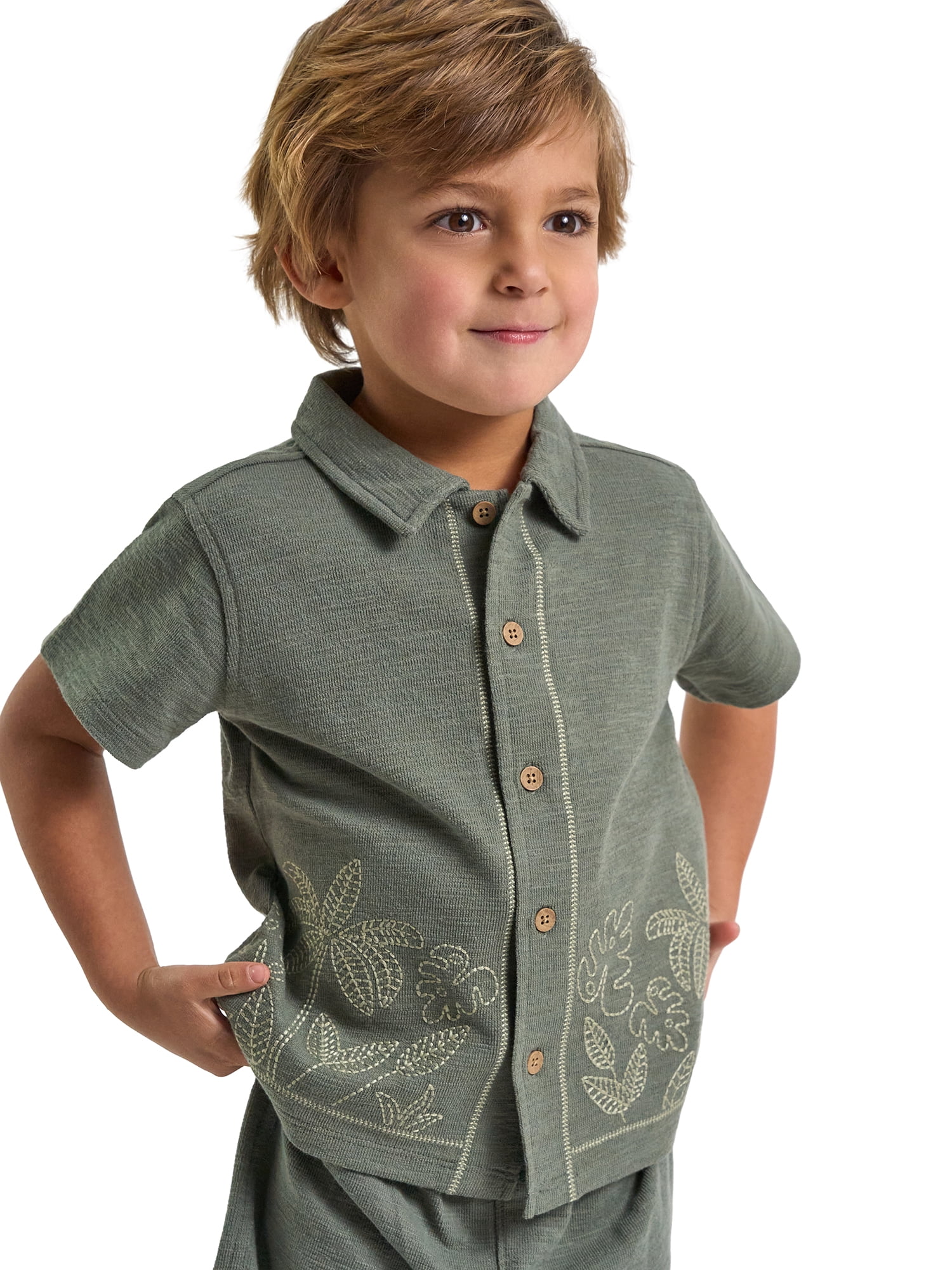 Modern Moments by Gerber Toddler Boy Button Front Shirt with Embroidery Set, 2-Piece, Sizes 12 Months - 5T