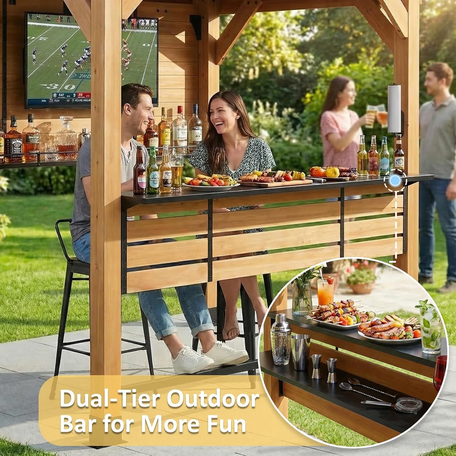 CHARMELEON 6 Ft. X 8 Ft. Cedar Wood Bar Gazebo With Countertop Shelves & TV Mount, Galvanized Steel Roof For Outdoor Patio, Backyard, Garden Grill Bar Station