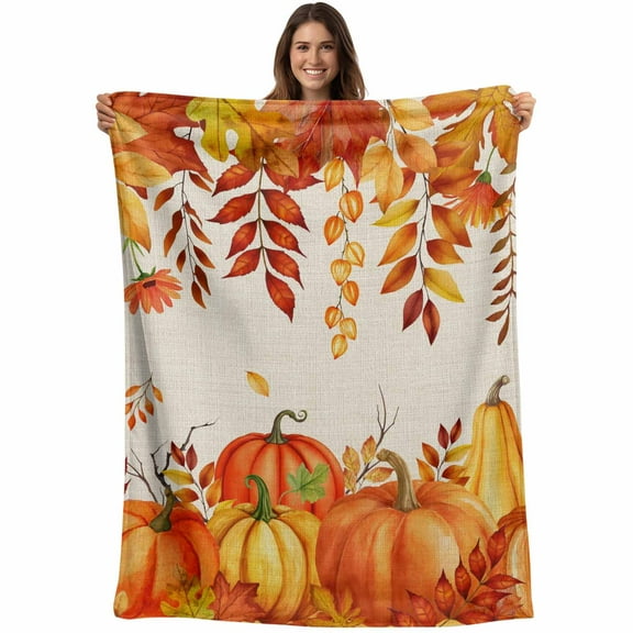 Pumpkins Fall Thanksgiving Throw Blankets, Orange Leaves Farmhouse Soft Fleece Blanket Decorative for Home Sofa Couch Chair Living Bedroom, 50x60 inches,
