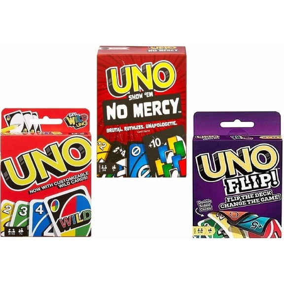 Mattel Uno No Mercy, Uno and Flip Card Game, Combo Pack of 3