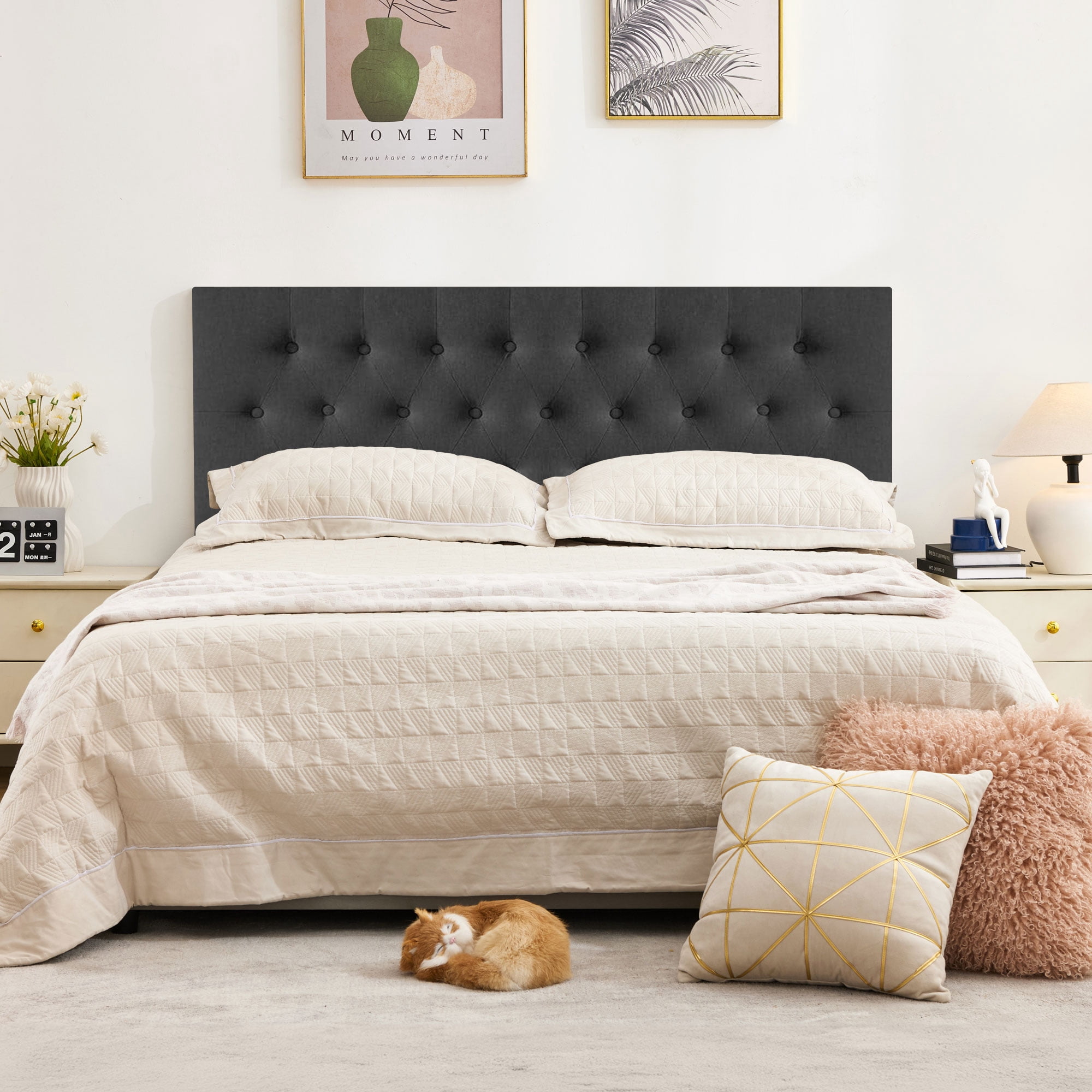 JONPONY Tufted Upholstered Headboard Twin Size, Solid Wood Head Board with  Adjustable Height  Headboard from 37" to 51",Bed Frame Adapters,Black,Headboard Only