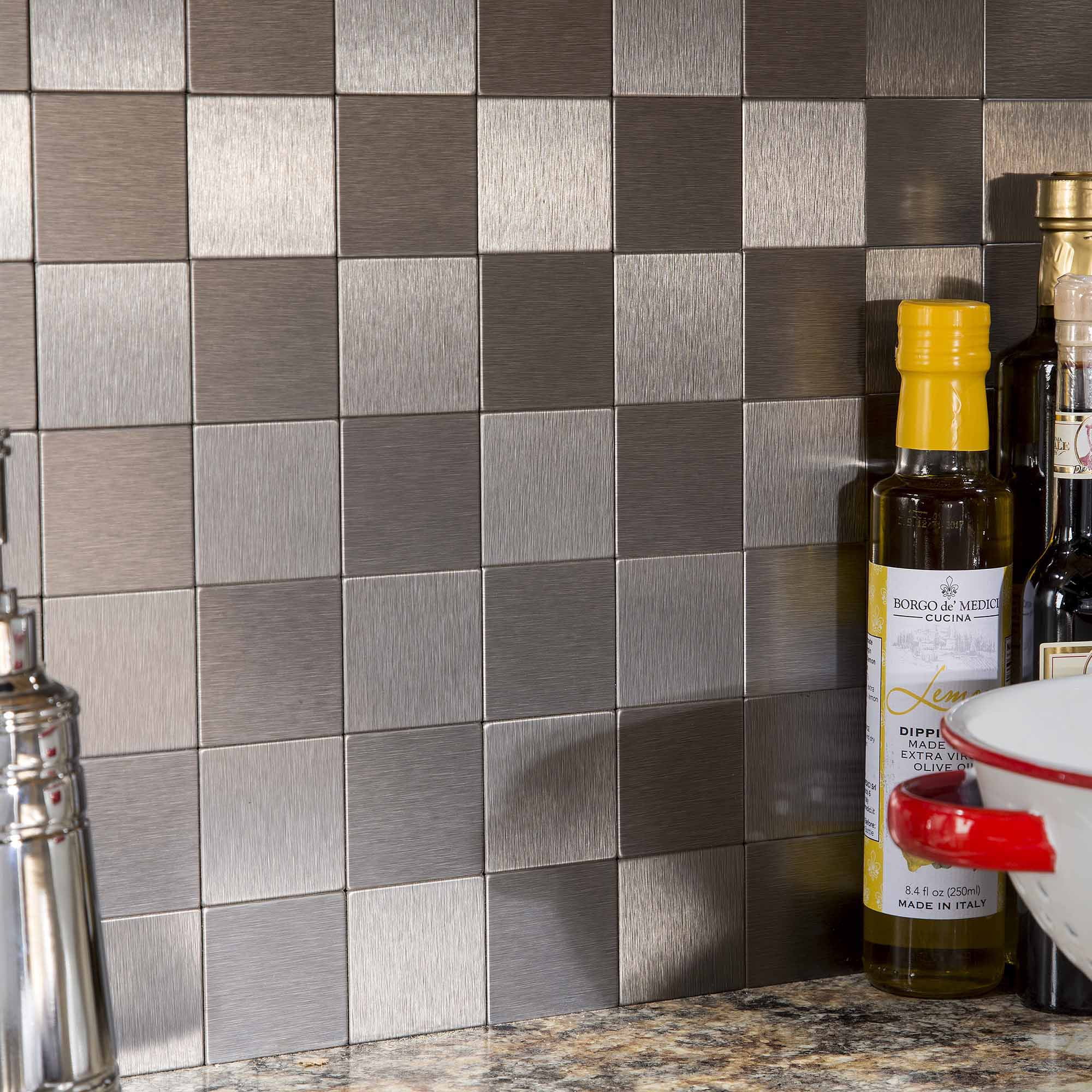 Aspect Peel and Stick Backsplash Square Stainless Matted Metal Tile Approx 15 Sq Ft Kit for Kitchen and Bathrooms