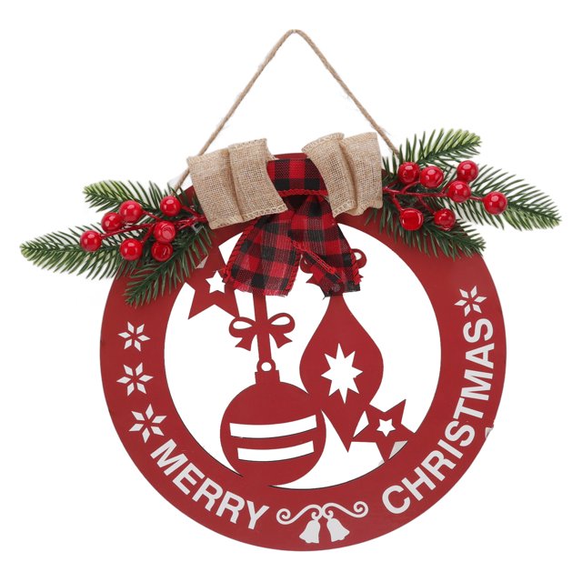 Signe de Porte de Noël en Bois Rond Évidé Lampe Boule Noël Porte d'Entrée Suspendue Signe Décor avec Couronne Lin Arc Rouge
