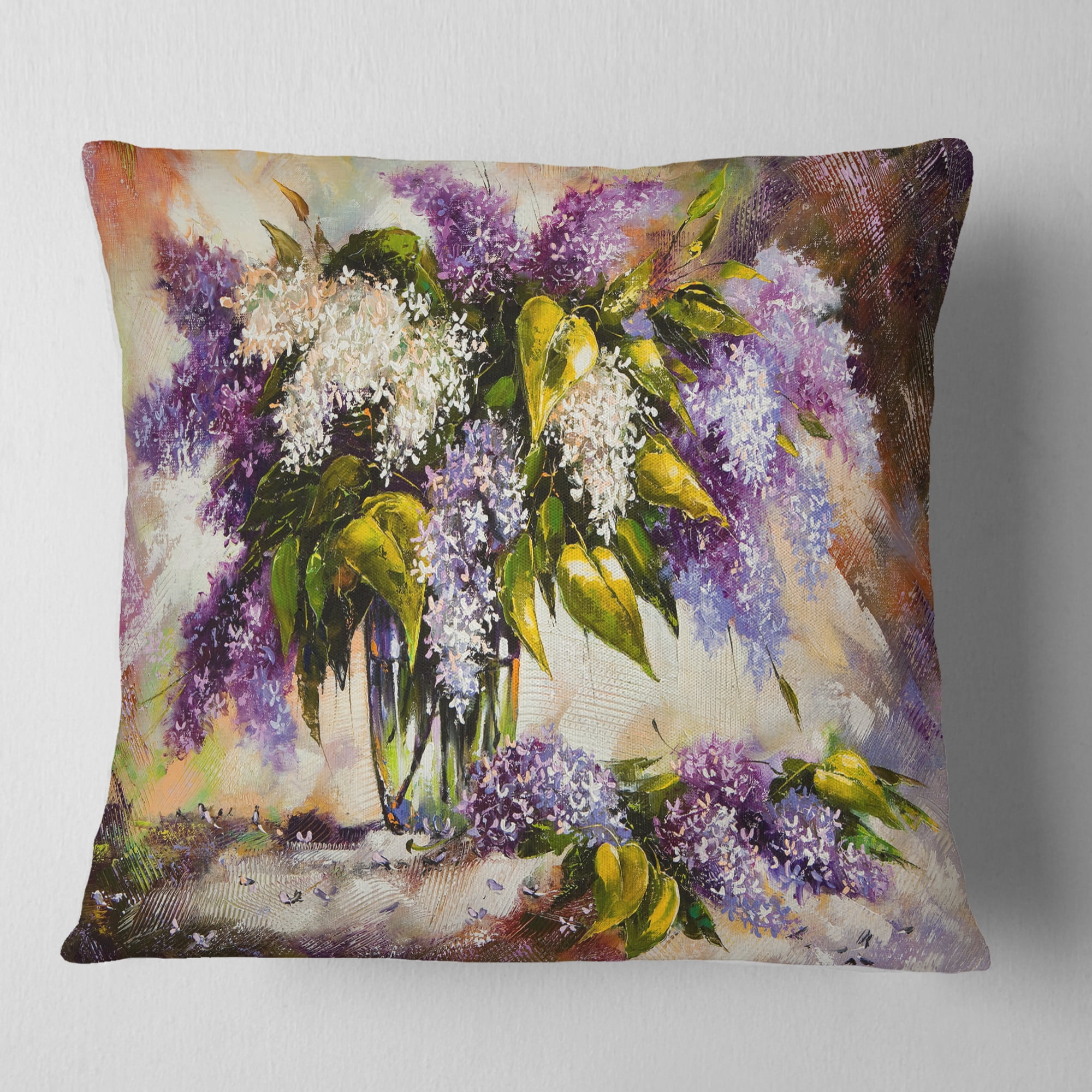Designart Lilac Bouquet in a Vase - Floral Painting Throw Pillow - 18x18