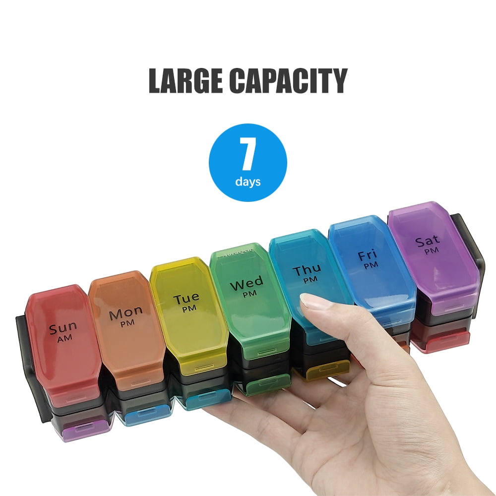AuraQen 7-Day Weekly Pill Organizer - Food Grade PC Medication Box with 14 Color-Coded Compartments (40x60 Inches) - Independent Lids for AM/PM Dosing