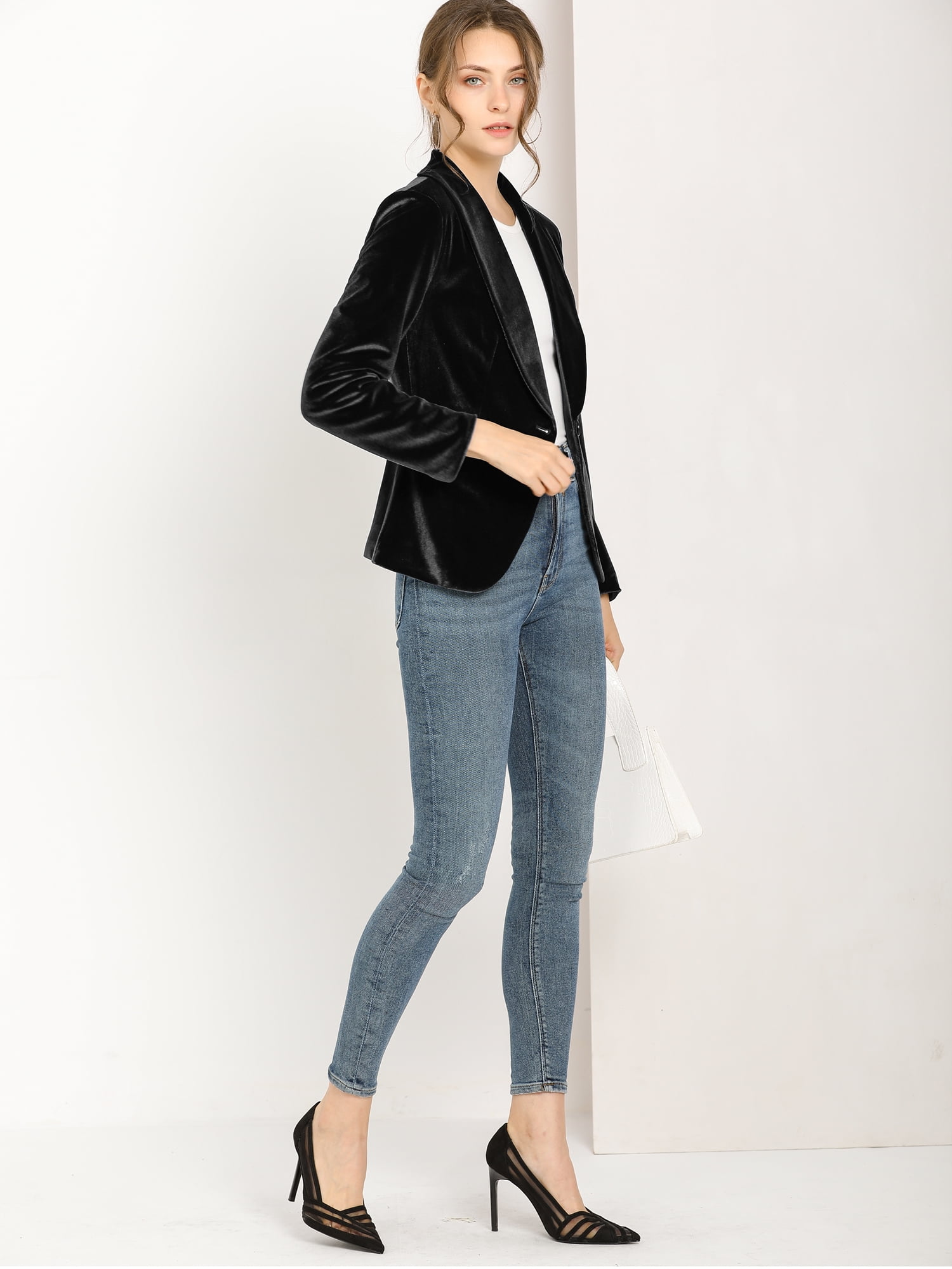 DARING DIVA Women's Velvet Office Coat Solid Shawl Collar Blazer 2XL Black