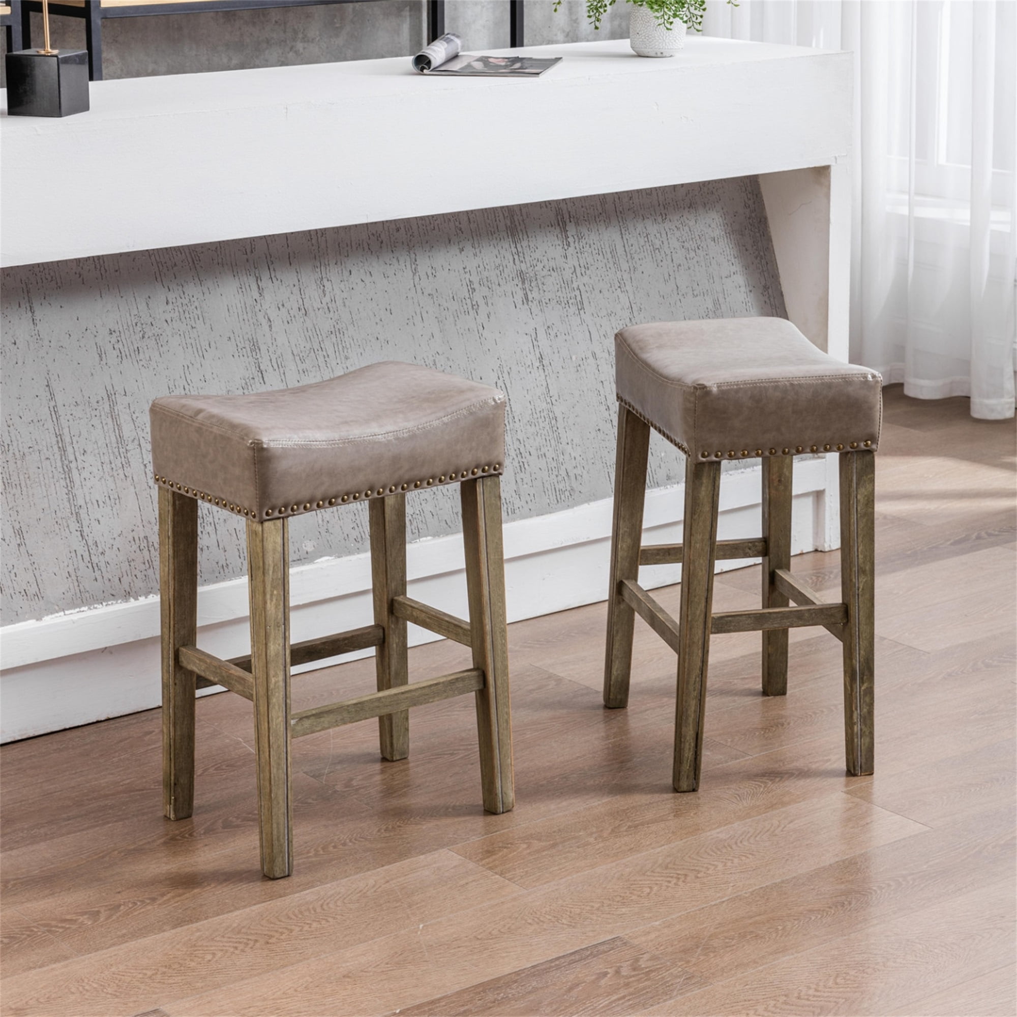Yardi Yard Leather Backless 26" Bar Stools Set of 2 , Saddle Seat Pub Chair for Kitchen Dining Room, Gray Yardi Yard Leather Backless 26" Bar Stools Set of 2 , Saddle Seat Pub Chair for Kitchen Dining Room, Gray