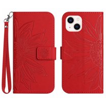Mantto for Apple iPhone 14 Plus 6.7 inch (2022) Wallet Case with Wrist Strap,Stylish Sunflower Embossed PU Leather Shockproof Protective Magnetic Flip Stand Card Slots Protective Cover,Red