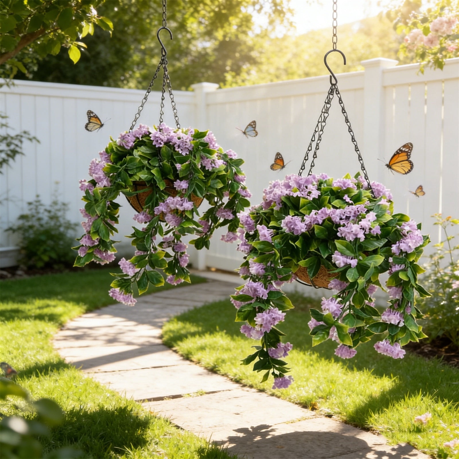Oefntac Artificial Flower 15 Faux Crepe Myrtle Hanging Baskets Set of 2 Artificial Fake Hanging Plants Flowers Basket for Spring Summer Outside Decoration