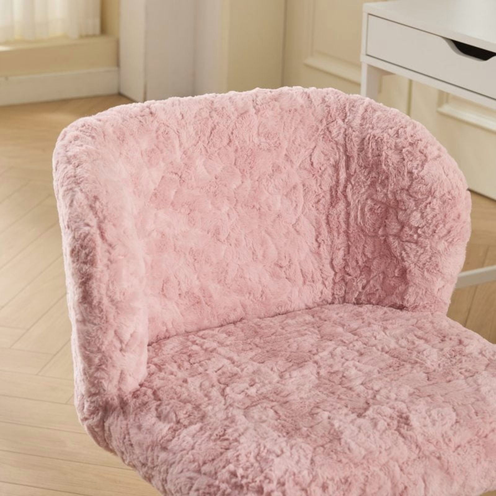 Fluffy Faux Alpaca Fur Vanity Chair with Gold Metal Base, Adjustable Swivel Chair with Gas Lift & Reclining Function,Pink
