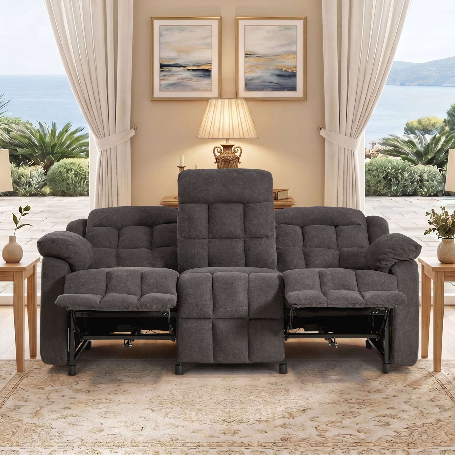 Ebello Fabric Recliner Sofa Set, Manual Recliner Chair with Massage & Heat, 3-Seat Power Recliner Sofa with Side Pockets for Living Room, Gray