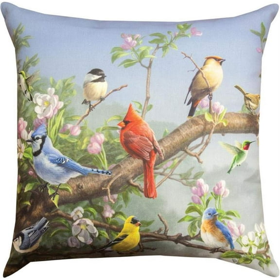 CC Home Furnishings 18" Brown and Blue Songbirds in Blossoms Printed Square Throw Pillow