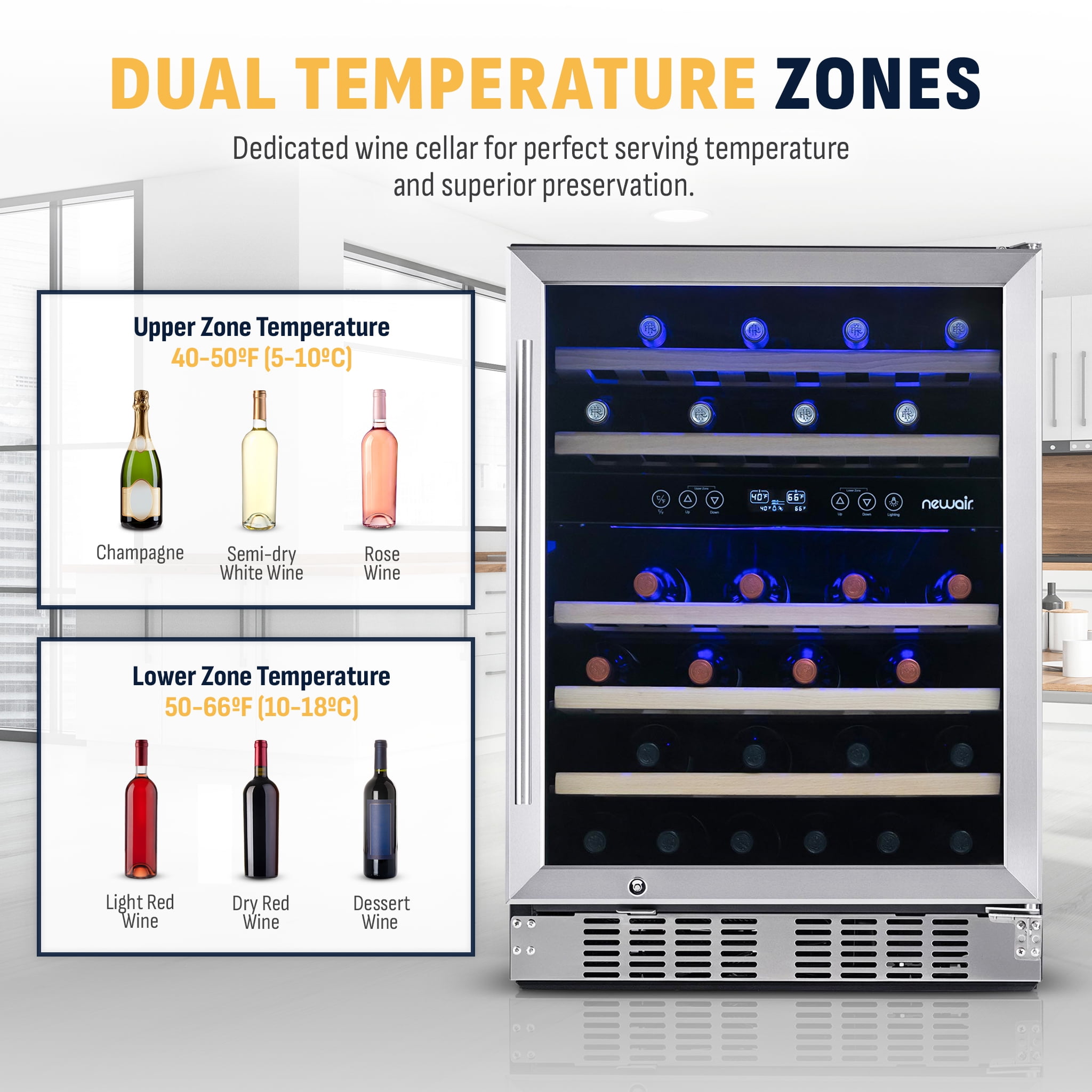 Newair 24 inch 46 Bottle Wine Cooler Refrigerator, Built-in Recessed Kickplate, Dual Zone Wine Fridge in Stainless Steel