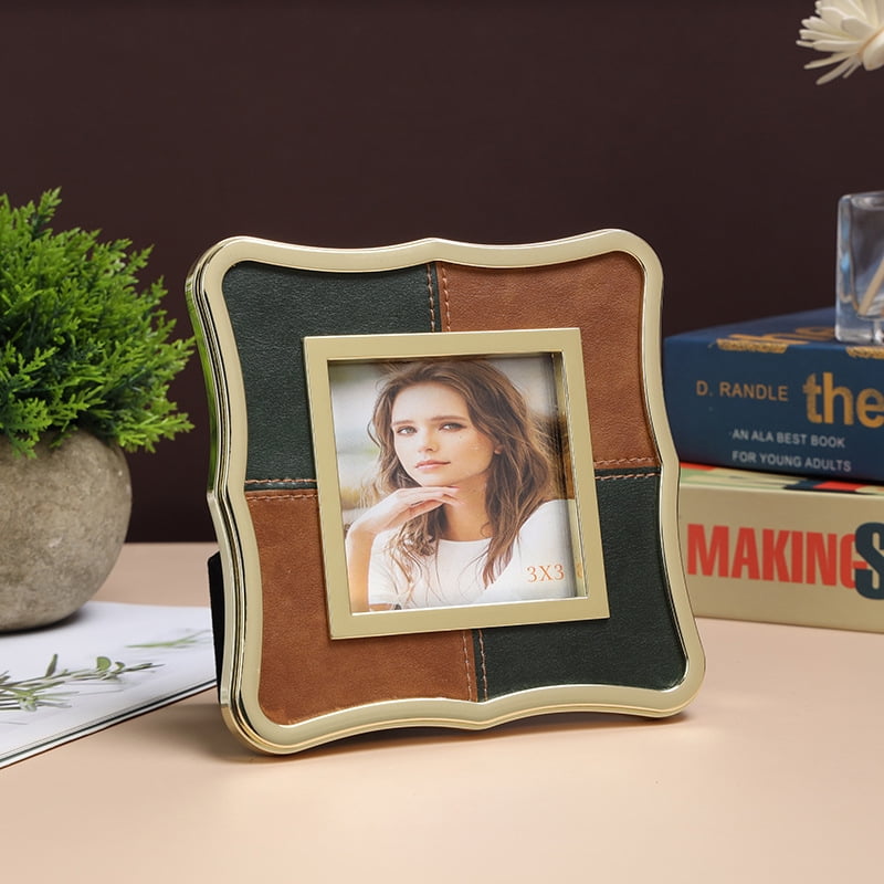 3x3 Metal Leather Picture Frame,Pretty Photo Frame with Gold Edge, Clear Glass Front, Unique Gifts for Marriage Couple Anniversary Graduation Horizontal&Vertical,Photo Display,Gift Ideas