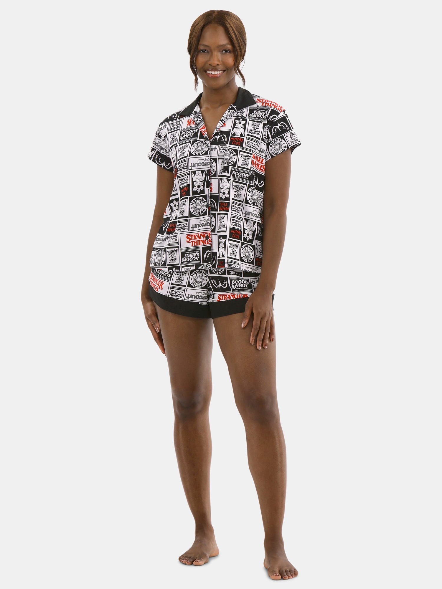 Netflix Stranger Things Women's Printed Notched Top and Shorts Pajama Set, 2-Piece, Sizes XS-3X