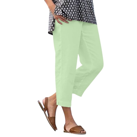 BLVB Capris Pants for Women Cotton Linen Casual Straight Leg Capris Elastic Waist Side Split Summer Fall Cropped Pants with Pockets