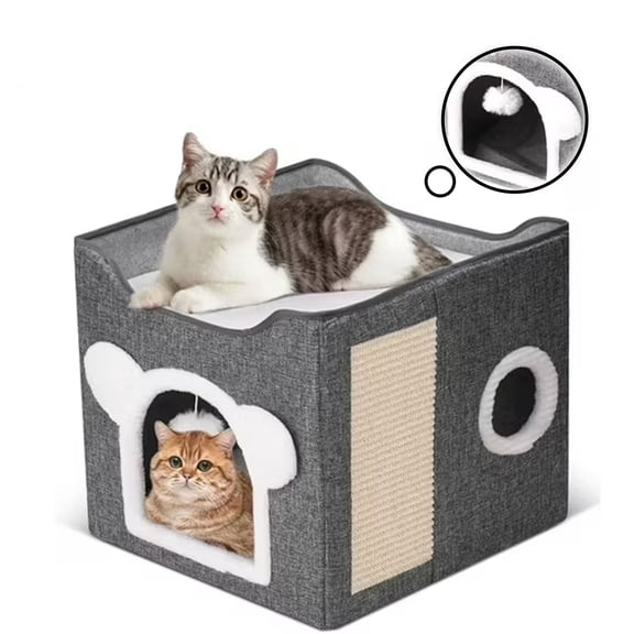 OFEFE Indoor Cat Bed with Scratching Post and Plush Balls for Living Room, Foldable Cat House Provides Hideaway & Sleep, Durable Dark Gray Cube for Multiple Small Pets, 15.35x15.35x12.6in