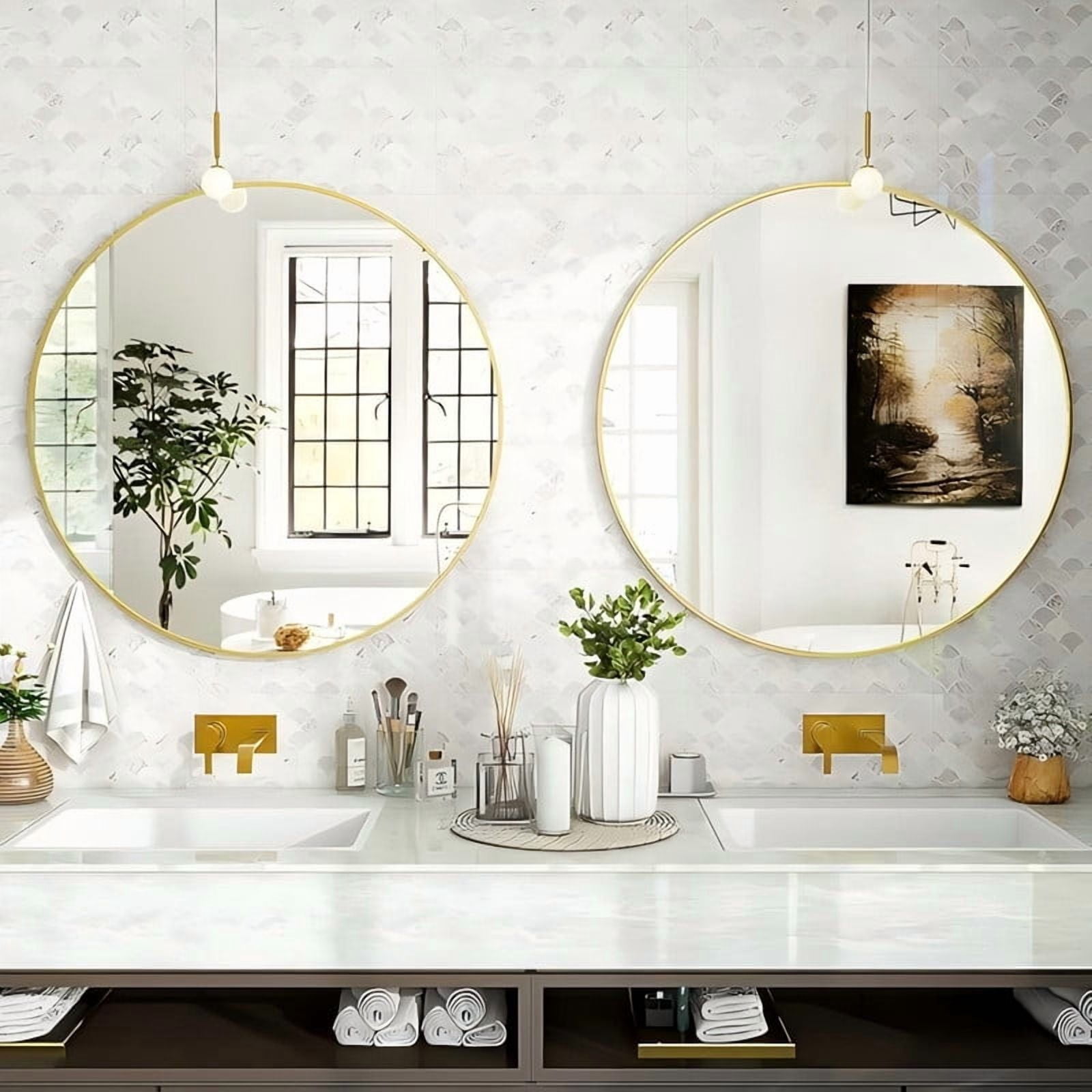 GRAHMCY 30" Round Bathroom Mirror Modern Circle Mirror leaning or Wall Mounted, Gold