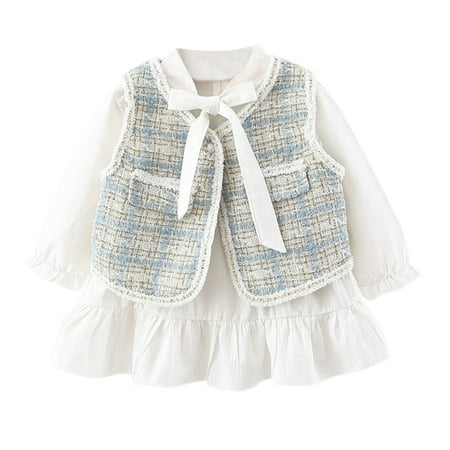 

Toddler Kids Baby Girls Long Ruffled Sleeve Patchwork Bowknot Princess Dress Plaid Vest Clothes Set 2PCS Outfits Size 0 Months-3 Years