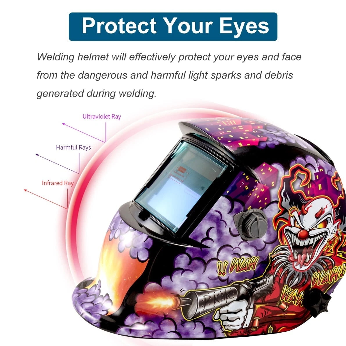 iMeshbean Auto Darkening Welding Helmet Solar Powered Hood Mask Grinding with Extra Lens ANSI Approved Clown Design Color