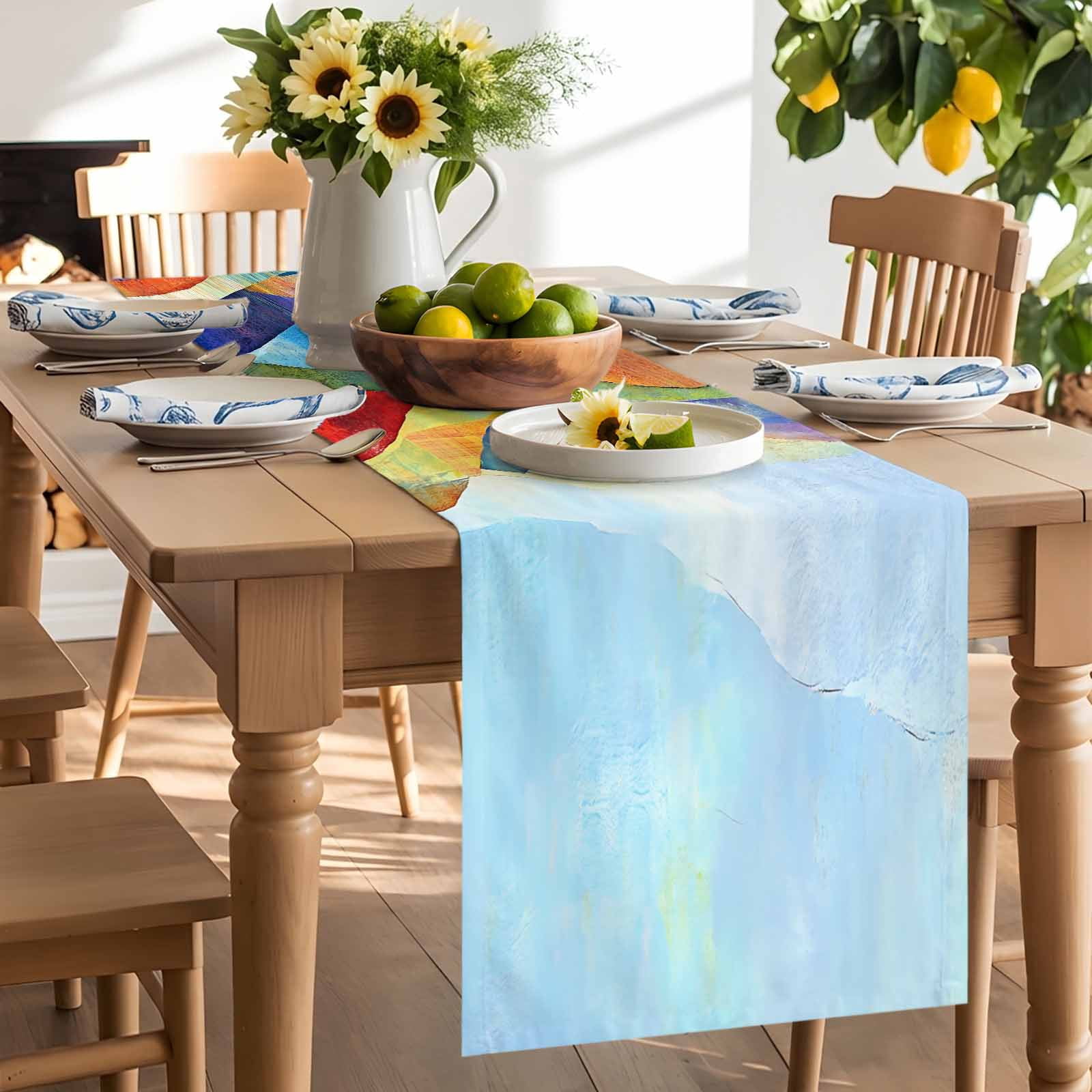 Coloful Mountain Watercolor Oil Painting Art Table Runner 90 Inches Long, Abstract Geometric Modern Table Runners Tabletop Scarf Kitchen Dining Tables Decoration for Home Party Indoor Outdoor