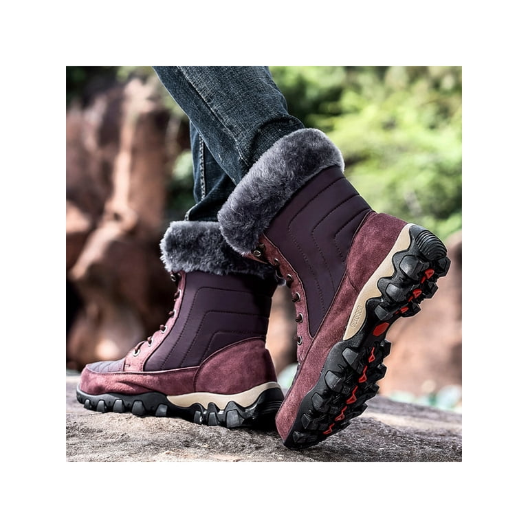 SIMANLAN Mens Warm Booties Faux Fur Snow Boots Plush Lined Winter Boot Outdoor Anti skid Hiking Bootie Casual Mid Calf Shoes Wine Red 9.5