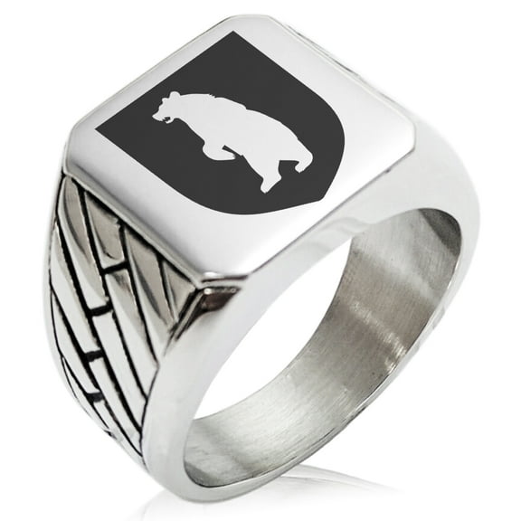 Tioneer Stainless Steel Bear Ferocity Coat of Arms Shield Geometric Pattern Biker Style Polished Ring