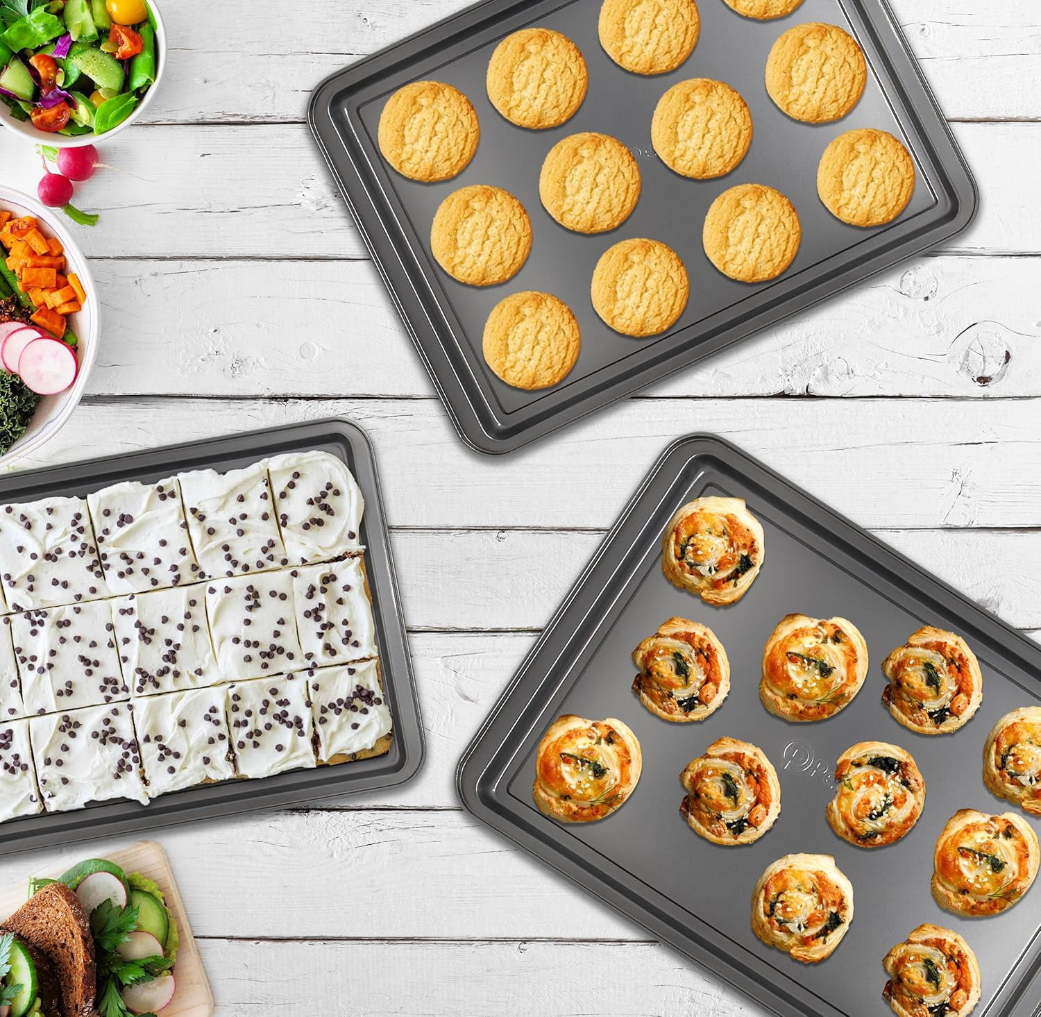 PERLLI Non-Stick 3-Piece Baking Pan Set, BPA-Free Gray Carbon Steel Bakeware Set, Stackable Kitchen Oven Set, Cookie Sheet, Baking Tray, Baking Sheet Set, Oven Safe (446?F)