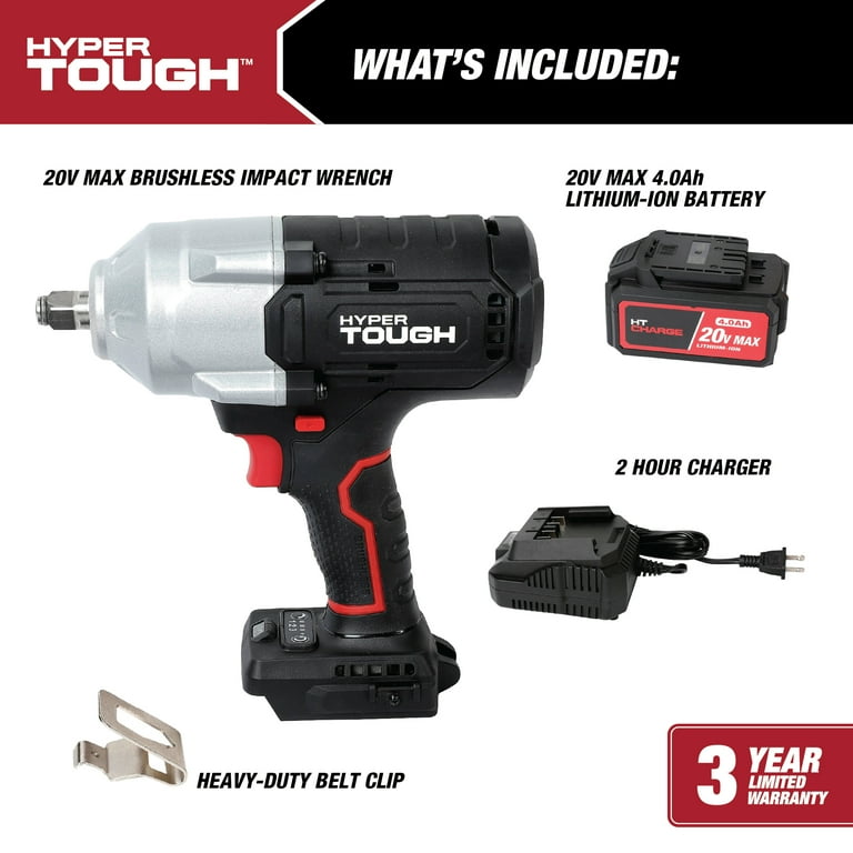 Hyper Tough 20V Max Brushless 1/2-inch Mid-Torque Cordless Impact Wrench with 4.0Ah Lithium-Ion Battery and Charger