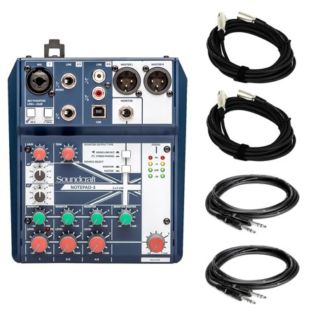 Soundcraft Notepad 5 Mixer w/ 2 XLR & 2 TRS Cables Bundle