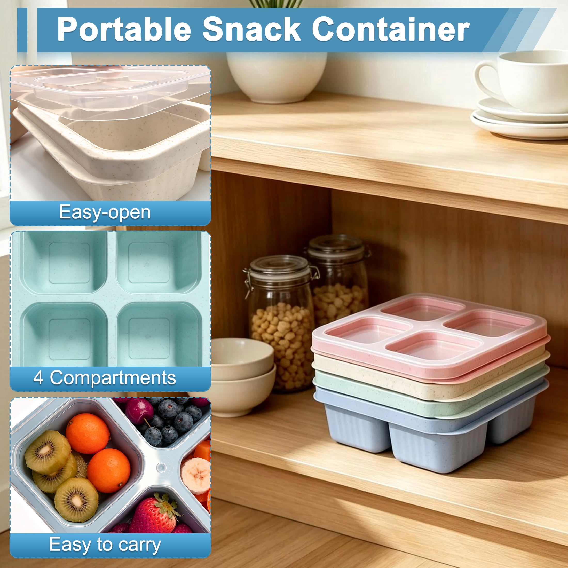 4 Compartment Food Storage Tray with Lids, 4 Pack Reusable Divided Lunch Box, Portable Wheat Straw Bento Box for School Office Picnic